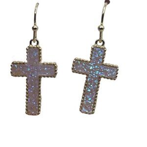 NWT Chic & Chic shimmering druzy quartz cross in opal pink earrings.